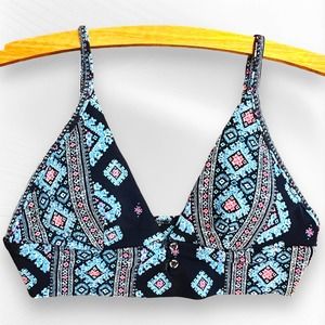 Aerie Boho Triangle Longline Aztec Bikin Top Size Medium Navy/Light Blue/Pink